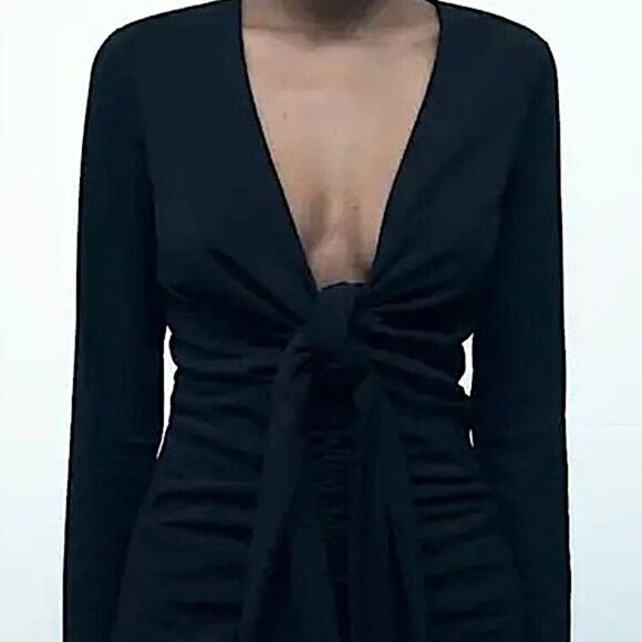 Zara Black Dress Tied Ruched Long Sleeve Size L • NEW WITH TAGS • - Picture 5 of 11
